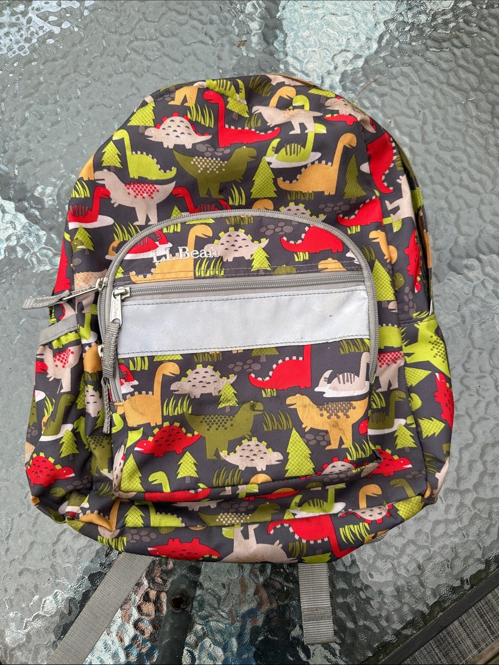 L.L. Bean Kids Dinosaur Backpack in Red, Green, Tan, Gray